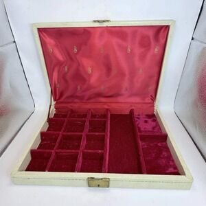 Vintage Mele Jewelry Box Cream Gold Floral Red Velvet Lining Mid Century Modern